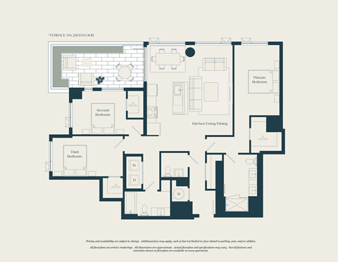 Floor plan for 3 beds, 2.5 baths, 1455 sqft